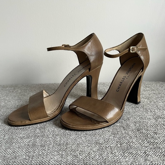 SEXY Vintage CHARLES JOURDAN of Paris Tan Lizard Print Open Toe Heels US Size 7 - Picture 2 of 11